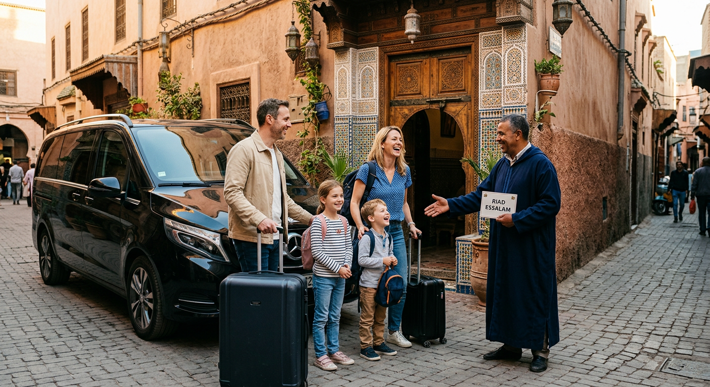 Family greeting their driver beside a private van